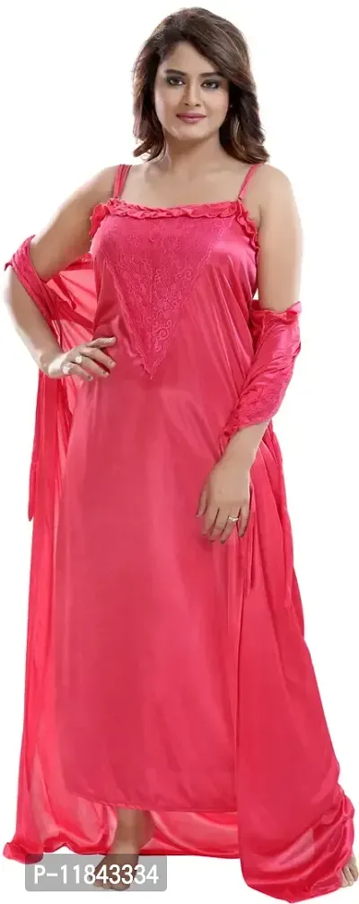 Elegant Pink Satin Embroidered Nighty Set For Women, Combo-thumb2