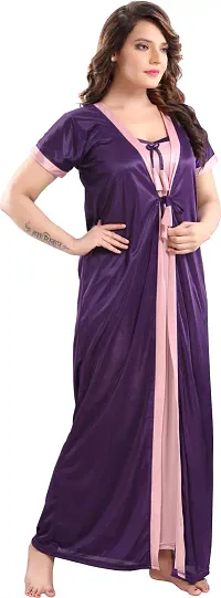 Elegant Purple Satin Solid Nighty Set For Women-thumb2