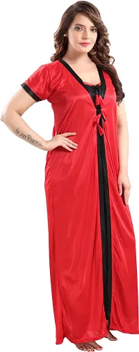 Elegant Red Satin Solid Nighty Set For Women-thumb2