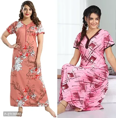 Stylish Multicoloured Satin Nighty For Women Pack Of 2