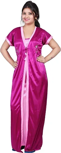 Elegant Pink Satin Embroidered Nighty Set For Women-thumb1