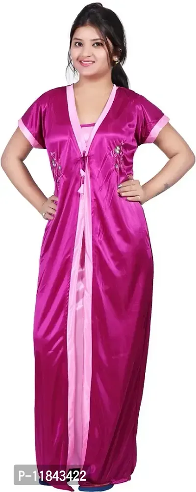 Elegant Pink Satin Embroidered Nighty Set For Women-thumb2