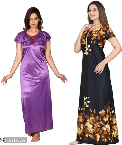 Stylish Multicoloured Satin Nighty For Women Pack Of 2