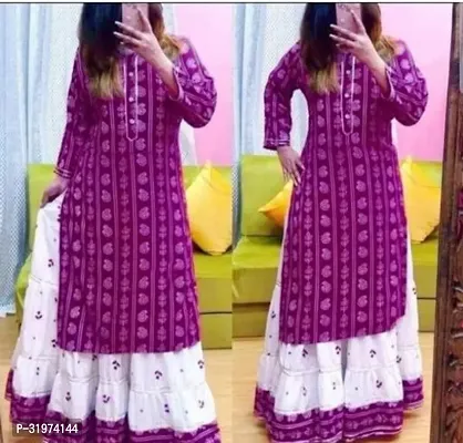 Stylish Purple Rayon Printed Kurta Sharara Set For Women-thumb0