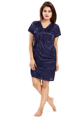 Elegant Navy Blue Satin Solid Nighty Set For Women-thumb2