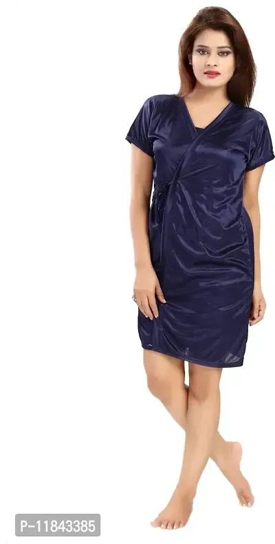 Elegant Navy Blue Satin Solid Nighty Set For Women-thumb3