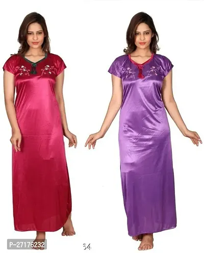 Stylish Multicoloured Satin Nighty For Women Pack Of 2