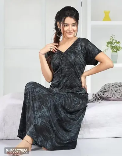 Elegant Black Satin Printed Nighty For Women