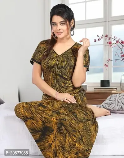 Elegant Yellow Satin Printed Nighty For Women-thumb0