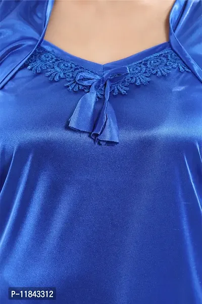 Elegant Blue Satin Solid Nighty For Women-thumb3