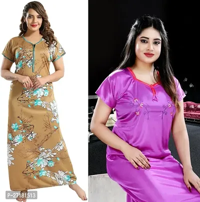 Stylish Multicoloured Satin Nighty For Women Pack Of 2