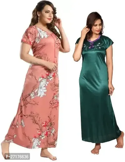 Stylish Multicoloured Satin Nighty For Women Pack Of 2-thumb0