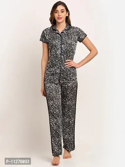 Nightsuits For Women/Classy Satin Printed Shirt and Pyjama Set For Women-thumb0