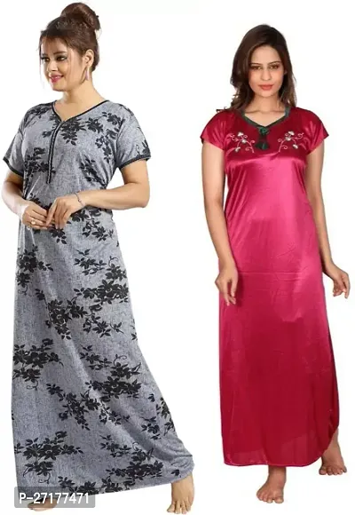 Stylish Multicoloured Satin Nighty For Women Pack Of 2-thumb0