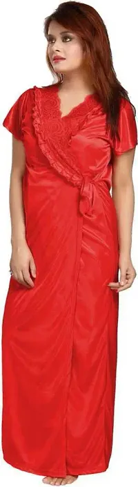 Elegant Red Satin Embroidered Nighty Set For Women-thumb1