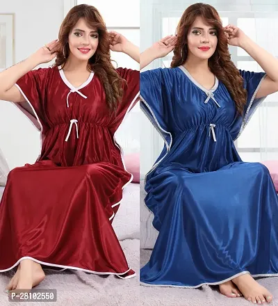 Elegant Silk Blend Solid Night Gown For Women- Pack Of 2-thumb0