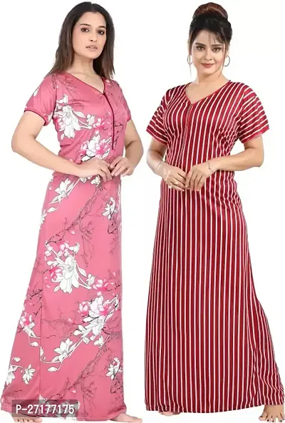 Stylish Multicoloured Satin Nighty For Women Pack Of 2-thumb0