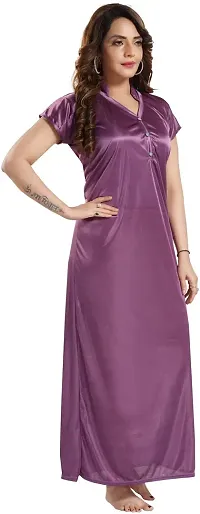 Elegant Purple Satin Solid Nighty For Women-thumb2