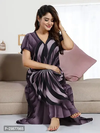 Elegant Purple Satin Printed Nighty For Women