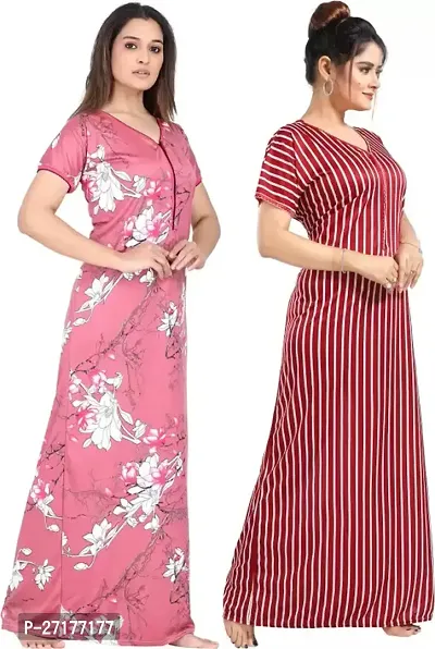 Stylish Multicoloured Satin Nighty For Women Pack Of 2