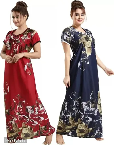 Stylish Multicoloured Satin Nighty For Women Pack Of 2