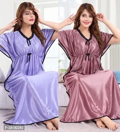 Elegant Silk Blend Solid Night Gown For Women- Pack Of 2-thumb0