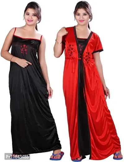 Elegant Red Satin Embroidered Nighty Set For Women, Combo