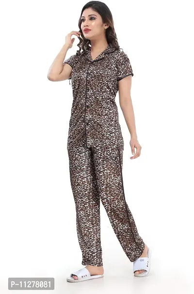 Classy Brown Satin Printed Shirt and Pyjama Set For Women-thumb3