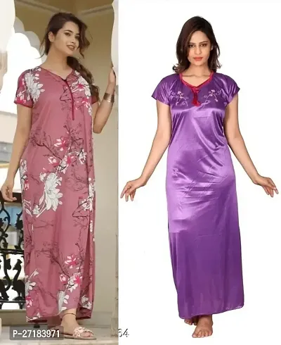 Stylish Multicoloured Satin Nighty For Women Pack Of 2-thumb0