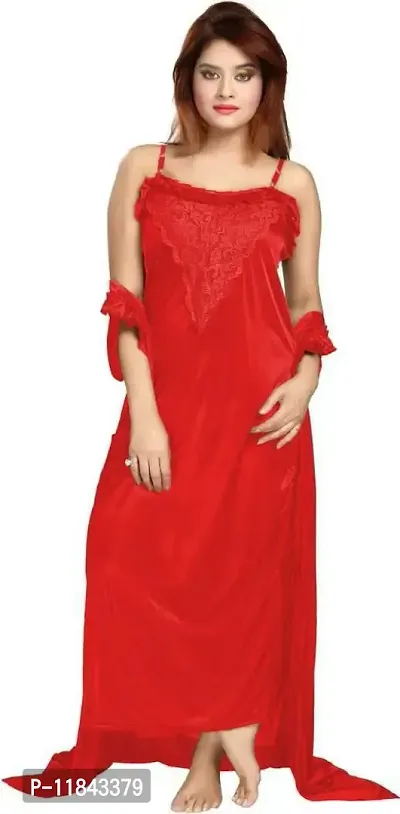 Elegant Red Satin Embroidered Nighty Set For Women-thumb3