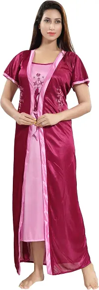 Classy Satin Embroidered Nighty with Robe For Women Pack Of 2-thumb1