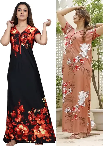 Pack Of 2 Satin Floral Print Nighty Combo For Women