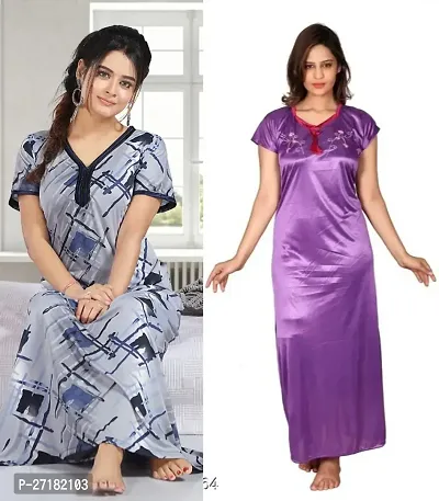 Stylish Multicoloured Satin Nighty For Women Pack Of 2-thumb0