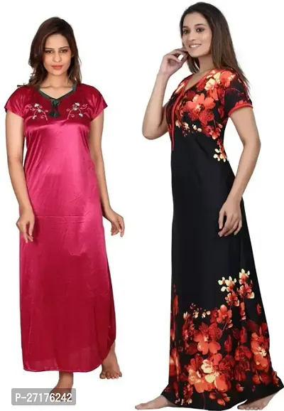 Stylish Multicoloured Satin Nighty For Women Pack Of 2