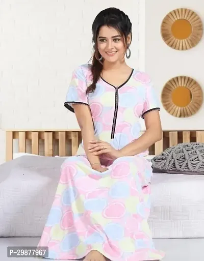 Elegant Pink Satin Printed Nighty For Women-thumb0