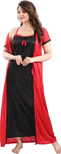 Elegant Red Satin Solid Nighty Set For Women-thumb1