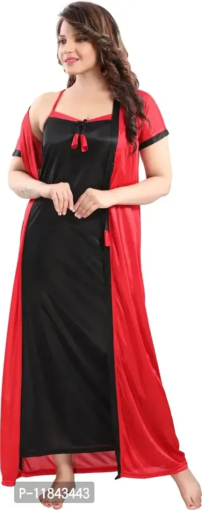 Elegant Red Satin Solid Nighty Set For Women-thumb2