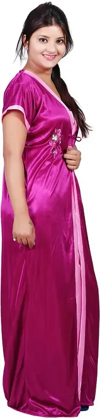 Elegant Pink Satin Solid Nighty Set For Women-thumb1