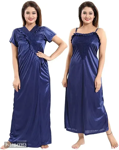 Elegant Blue Satin Solid Nighty Set For Women
