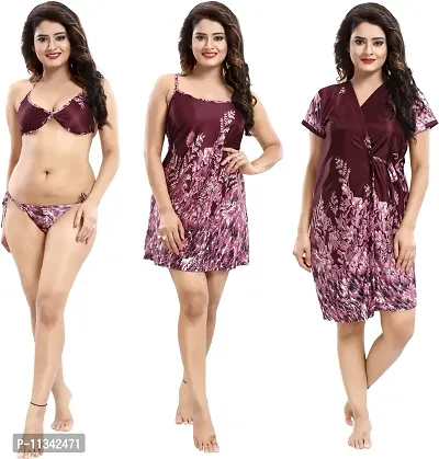 Classy Satin Printed Nighty Set For Women Pack Of 4-thumb0