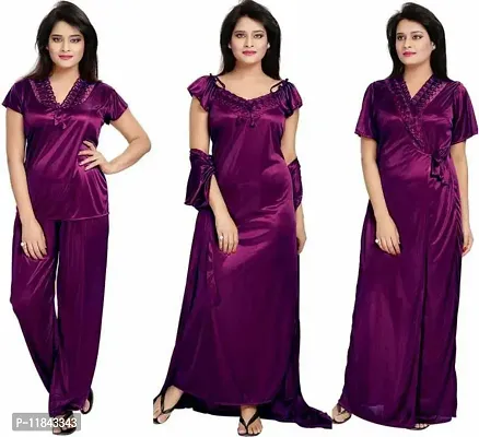 Elegant Purple Satin Solid Nighty Set For Women Pack Of 4