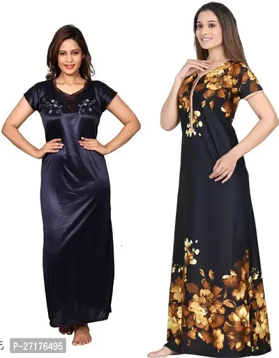 Stylish Multicoloured Satin Nighty For Women Pack Of 2