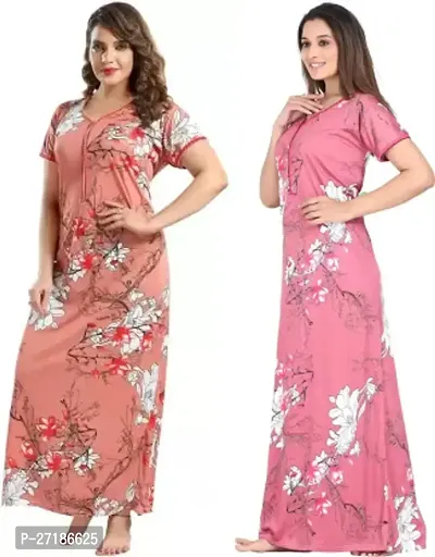 Stylish Multicoloured Satin Nighty For Women Pack Of 2