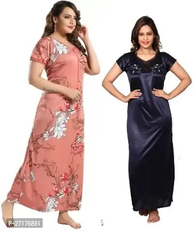 Stylish Multicoloured Satin Nighty For Women Pack Of 2