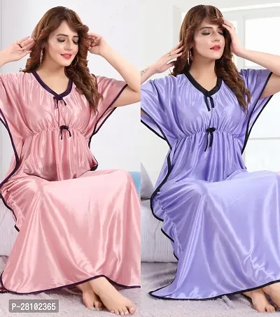Elegant Silk Blend Solid Night Gown For Women- Pack Of 2-thumb0