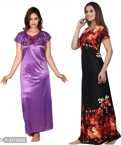 Stylish Multicoloured Satin Nighty For Women Pack Of 2-thumb0