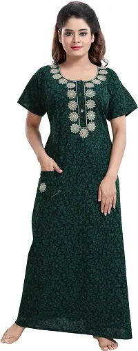 Stylish Cotton Embroidery Nighty With Side Pocket For Women