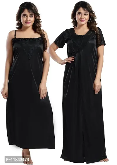 Elegant Black Satin Solid Nighty Set For Women