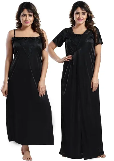 Elegant Satin Solid Nighty Set For Women