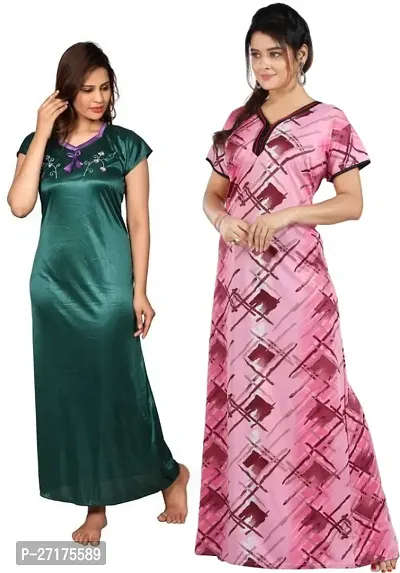 Stylish Multicoloured Satin Nighty For Women Pack Of 2-thumb0